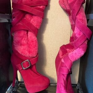 Pink platform knee high heel boots